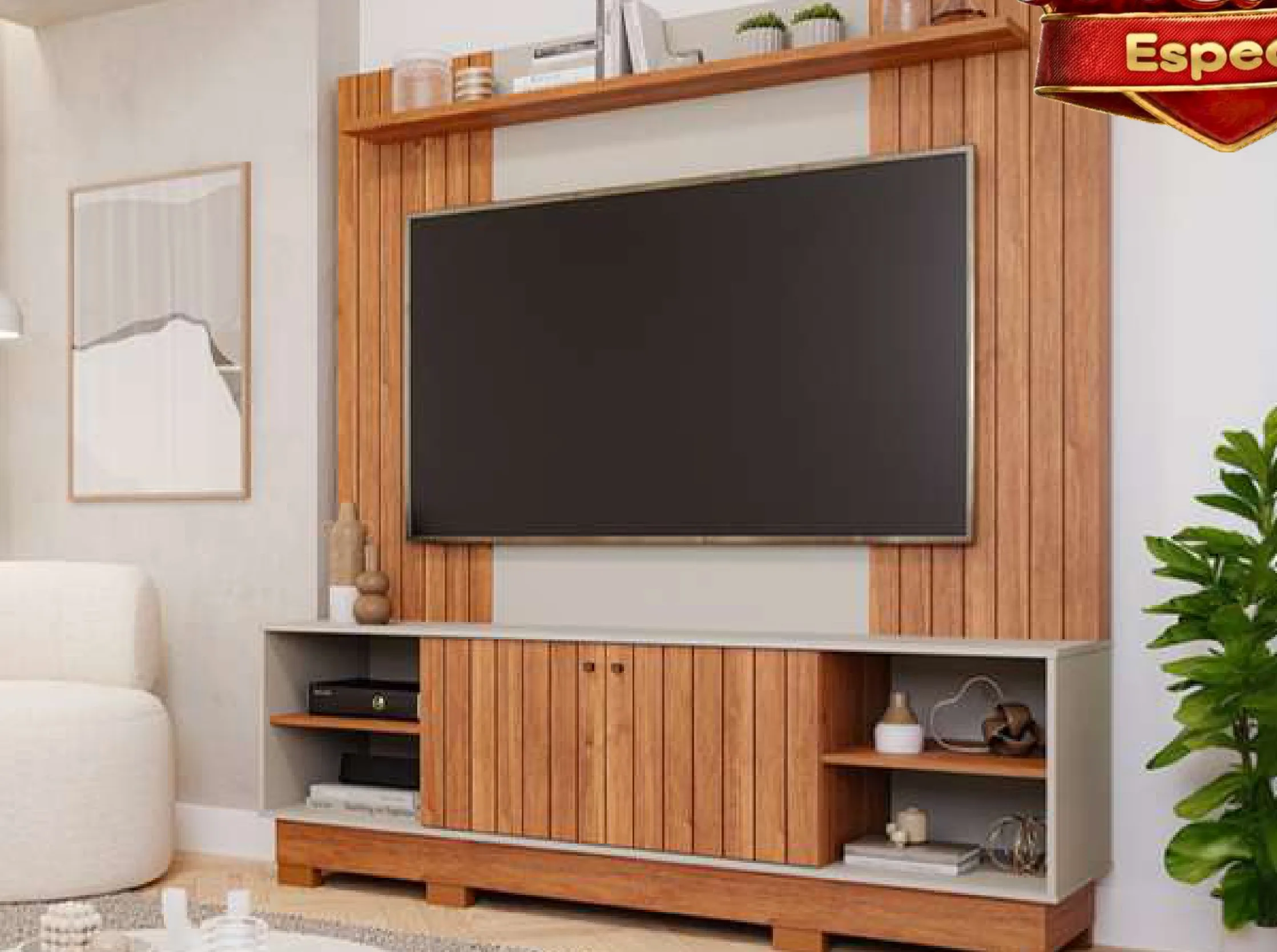 Sala com home theater Caribe, um dos ambientes do catálogo da Espaço Móveis