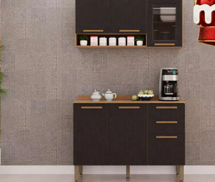Cozinha NEW Valência KIT 2 Peças Aéreo 3P - Vidro e Balcão, CINAMOMO / PRETO