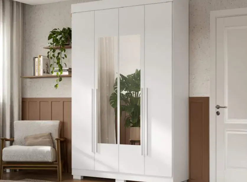 Roupeiro Ágata 4 Portas com Espelho, BRANCO