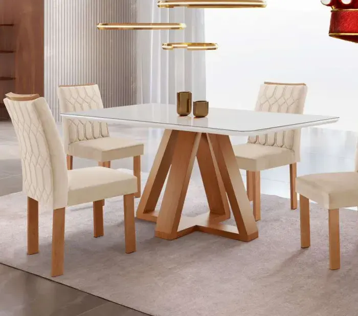 Mesa Madri C/4 Cadeiras Jade, MADEIRA: CINAMOMO BORDA E VIDRO : OFF WHITE