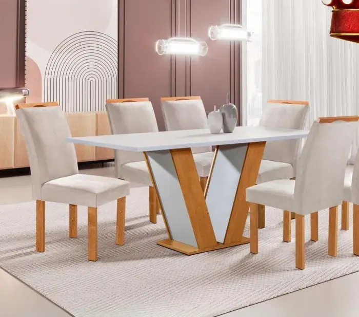 Mesa Qatar C/6 Cadeiras Londres, MADEIRA: CINAMOMO BORDA E VIDRO : OFF WHITE